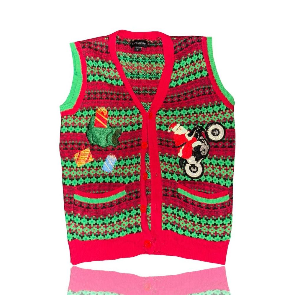 Blizzard Bay Men's Ugly Christmas Sweater Vest Santa Motorcycle S